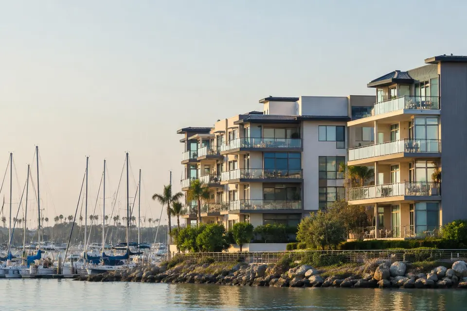 Generated illustration of multi-story condominium buildings with balconies beside a harbor with sailboats