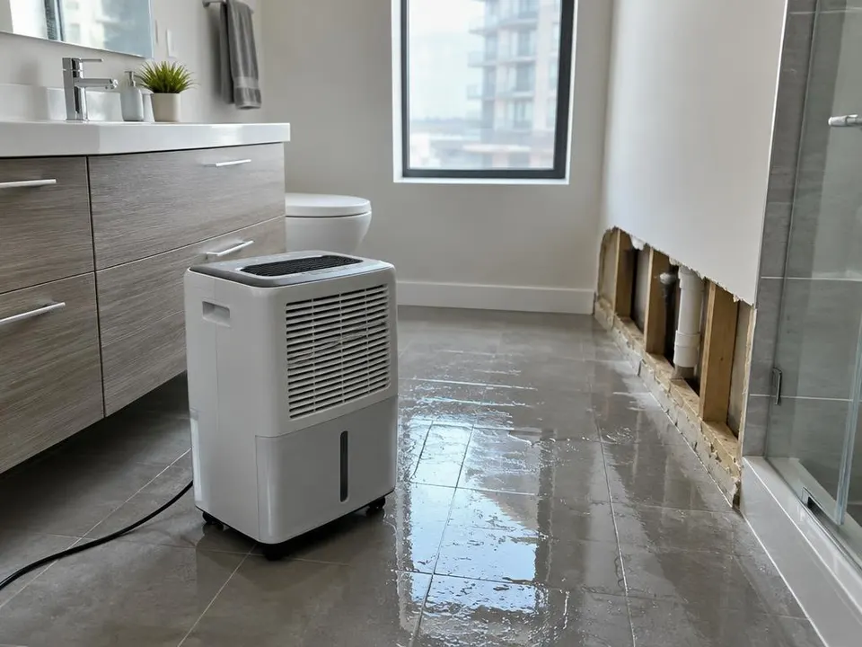 Generated illustration of a dehumidifier on a wet tile bathroom floor with lower drywall opened