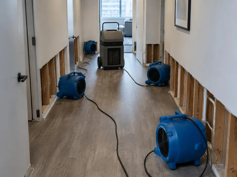 Generated illustration of air movers and a dehumidifier drying a hallway with lower drywall removed