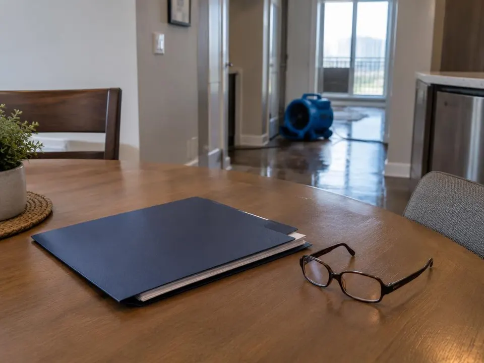 Generated illustration of a policy folder and glasses on a dry table with an air mover on a damp floor in the background