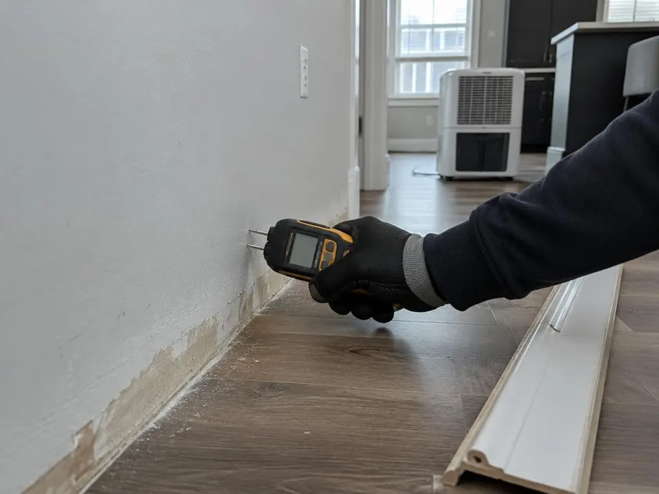 Generated illustration of a pin moisture meter held against a wall where baseboard trim was removed