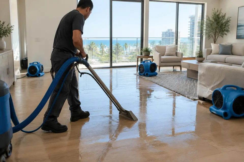 Generated illustration of a technician in dark work clothes using an extraction wand on a wet wood floor in a condominium living room with air movers