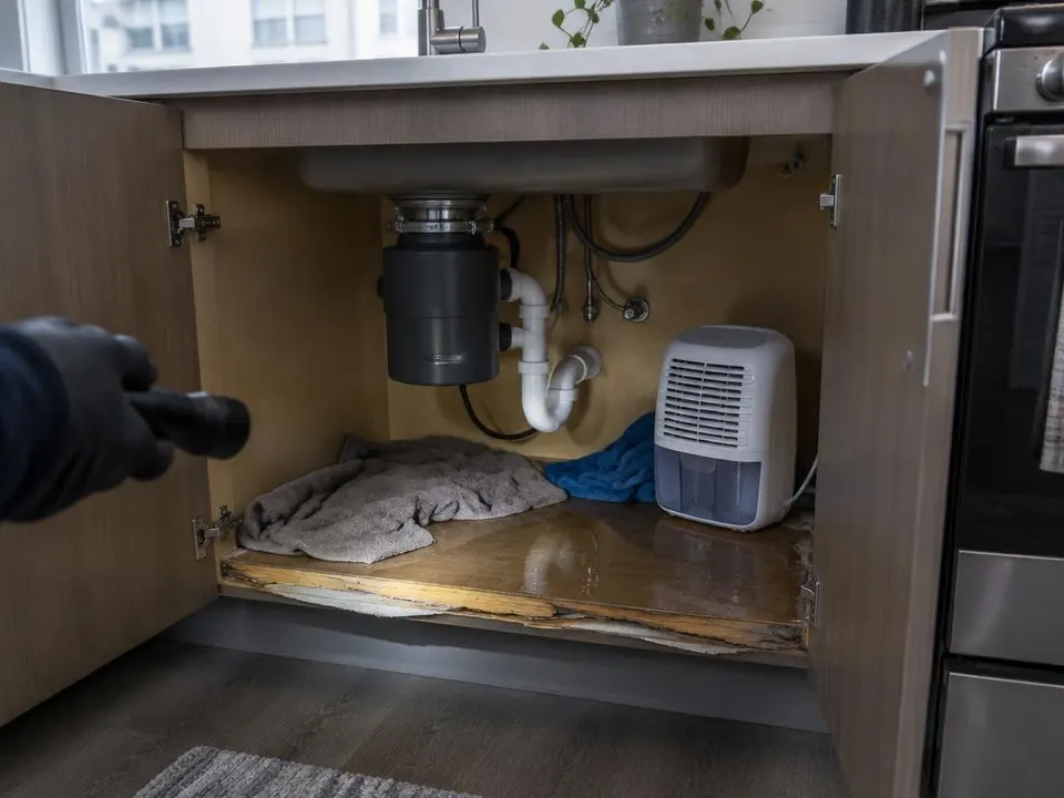Generated illustration of an open sink cabinet with a garbage disposal, a swollen wet cabinet base and a small dehumidifier